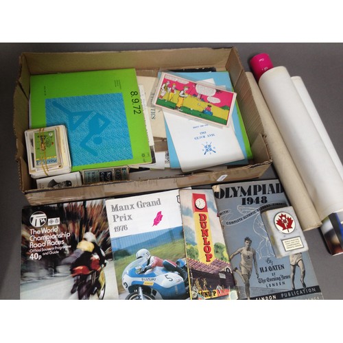 102 - A box of sporting ephemera to include Olympics, various years, programmes, press photographs, cigare... 