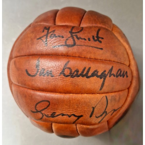 98 - An autographed brown leather football, circa 1960s, ten Liverpool FC signatures comprising Ian Calla... 