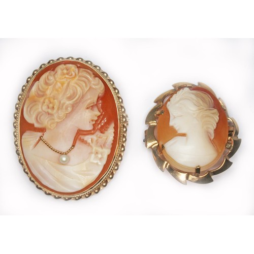 64 - Two hallmarked 9ct gold shell cameo brooches, gross wt. 10.2g, length 30mm & 40mm.