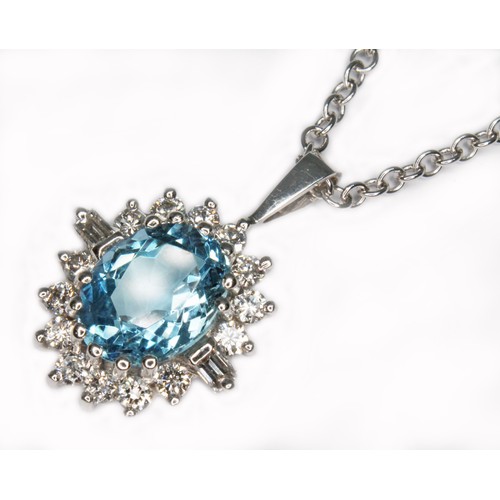 75 - An aquamarine and diamond pendant, the oval mixed cut aquamarine weighing approx. 1.58cts, surround ... 