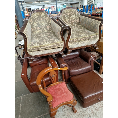 1022 - 2 mahogany framed armchairs and a corner chair