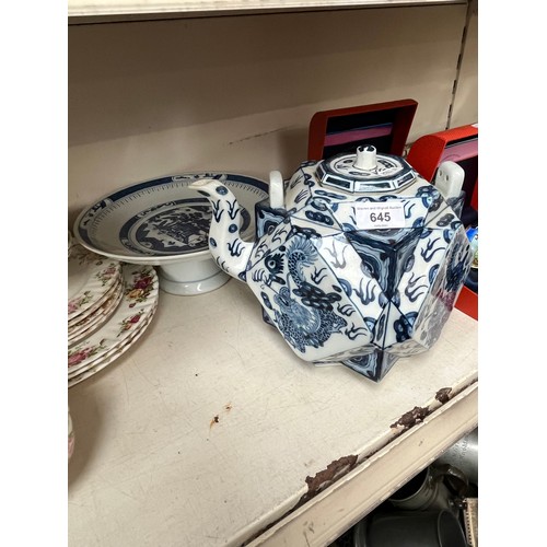 645 - Two Chinese style blue and white pieces - tazza and large unusual teapot