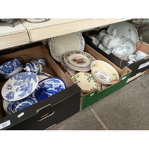 653 - Three boxes of ceramics inc. blue and white and Narumi dinnerware