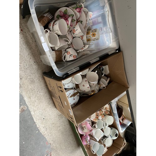 663 - Three boxes of china teaware including Mayfair, Pink Fritillery, Royal Worcester etc