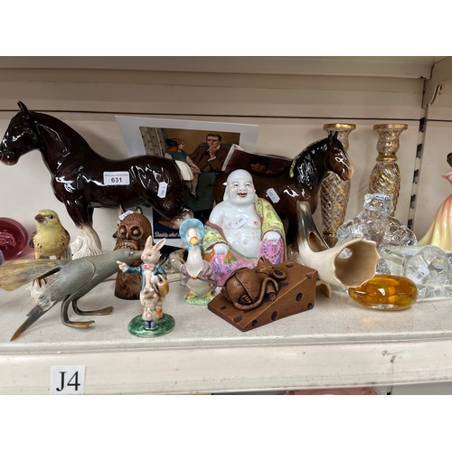 631 - Ornaments, pot horses etc including Beswick Peter Rabbit characters, Coca Cola glass bears, Waterfor... 