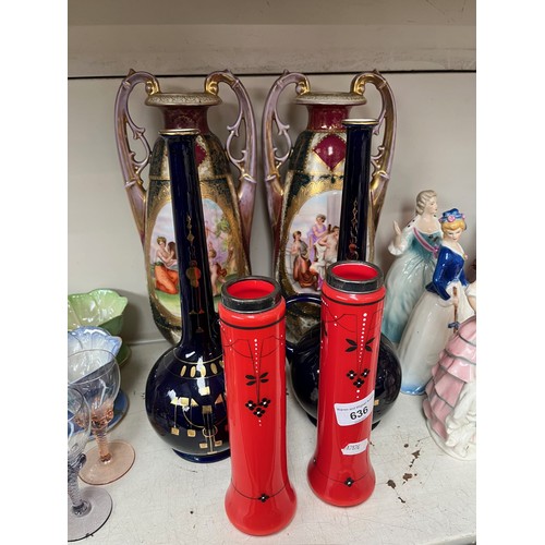 636 - Pair of red glass vases with silver rims, pair of Vienna porcelain vases (as found) and a pair of bl... 