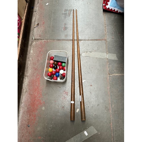 50 - A vintage miniature billiard set with 2 cues