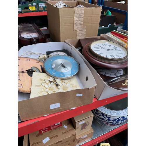 118 - 2 boxes of various clocks to include wall hanging, a vintage electric Metamec clock, etc.