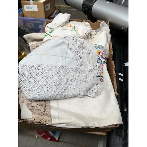 103 - A box of linen, crochet ware, etc