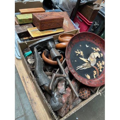 101 - Two boxes of treen to include Asian / Oriental, African, Eastern, various wooden boxes, carved, ebon... 