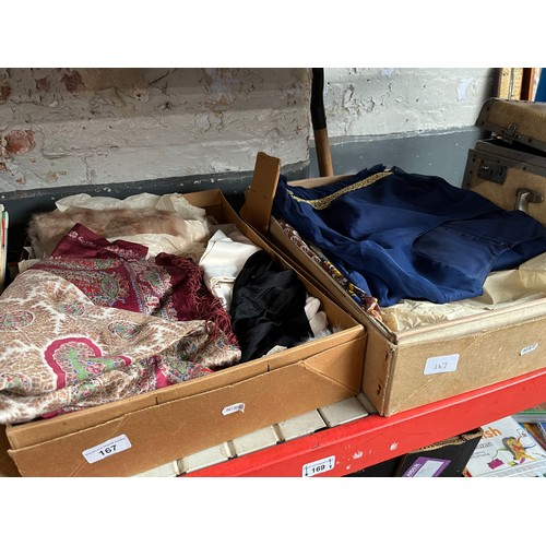 167 - Two boxes of vintage clothing including furs, vintage dresses, gloves, silk shawl, etc.