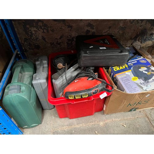 180 - Two boxes of garage ware / tools and 3 cased tools to include a tyre compressor and 2 electric drill... 