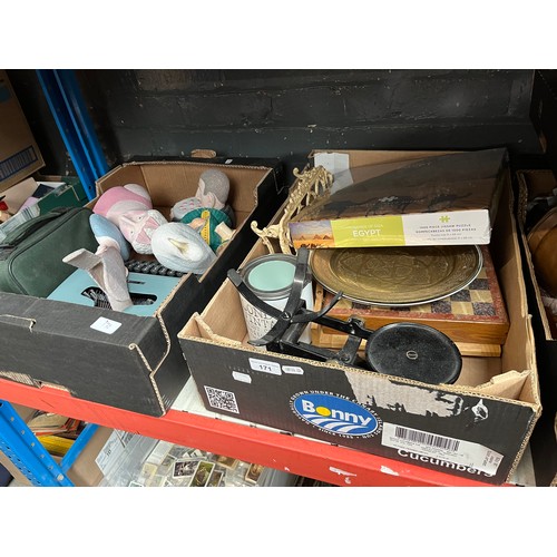 171 - Two boxes of collectables including Mike Lord ceramics, Lettera 22 typewriter, metal kitchen scales,... 