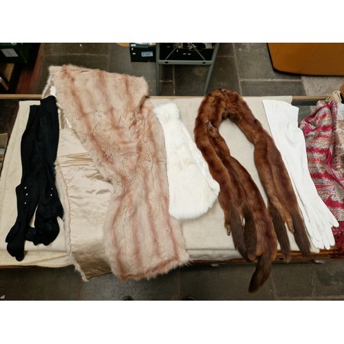 167 - Two boxes of vintage clothing including furs, vintage dresses, gloves, silk shawl, etc.