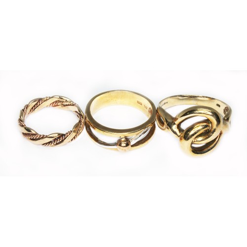 58 - Three rings; two hallmarked 9ct gold and another marked '375', wt. 10.1g, sizes H, N & S.