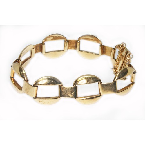 52 - A split half moon and rectangular link bracelet, marked 'S&P' and '9ct', length 20cm, wt. 18.1g.