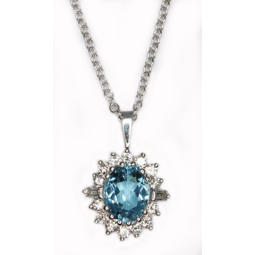 75 - An aquamarine and diamond pendant, the oval mixed cut aquamarine weighing approx. 1.58cts, surround ... 