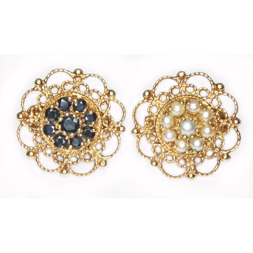 79 - A pair of 9ct gold cluster separators, one set with sapphires and the other split pearls, hallmarked... 