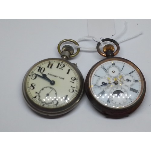 286 - Two pocket watches; one signed 'Railway Time', the other gun metal case with four subsidiary dials.