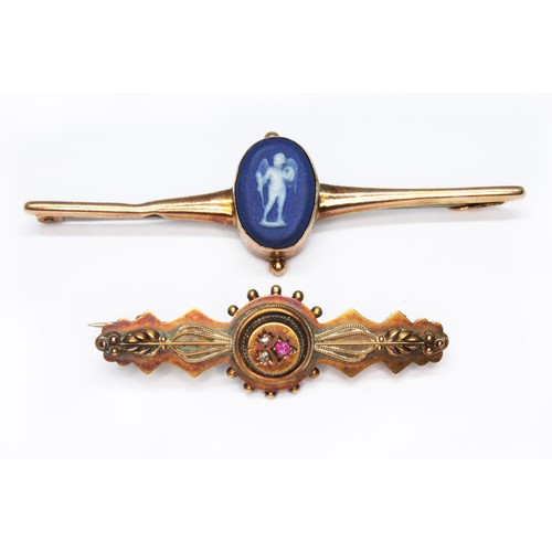 126 - Two antique bar brooches, one set with diamonds and a ruby marked '15ct' wt. 3.4g, the other hallmar... 