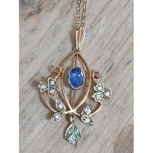 379 - A sapphire and diamond pendant, indistinctly hallmarks, length 40mm (including bale), 44cm chain mar... 