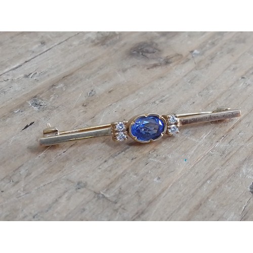 380 - A sapphire and diamond bar brooch, 9ct gold hallmarks, sponsor 'HBJ', London 1985, length 45mm, gros... 