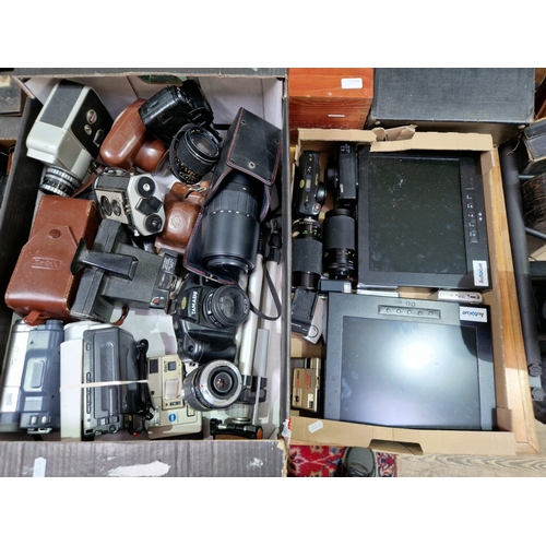 257 - Two boxes of various cameras and accessories to include Kodak, Sigma, Halima, Tamashi, Minolta, etc.