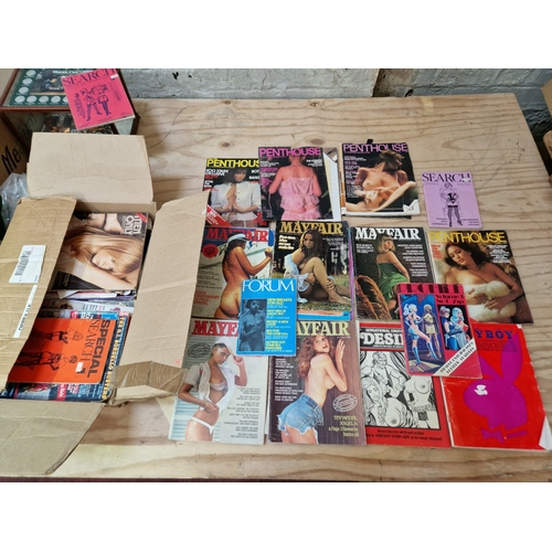 335 - A box of assorted adult magazines, approx. 40 issues, including Playboy, Mayfair, Forum, Penthouse, ... 