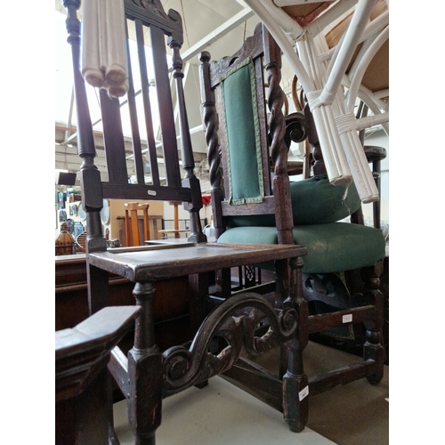 941 - Three antique carved oak chairs.