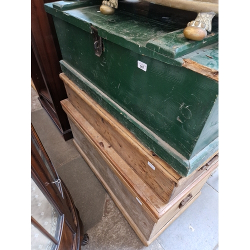 967 - A pine blanket box, a green painted box and one other.