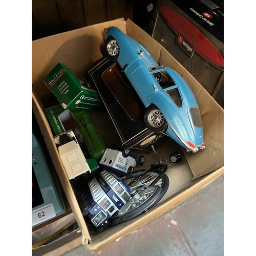 63 - A box of model vehicles including  Burago E type Jaguar (no box) and a boxed Burago Jaguar SS