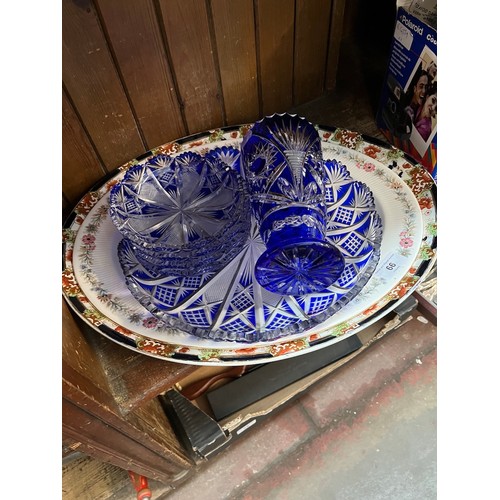 66 - 2 large platters and 6 pieces of blue flash cut and glass