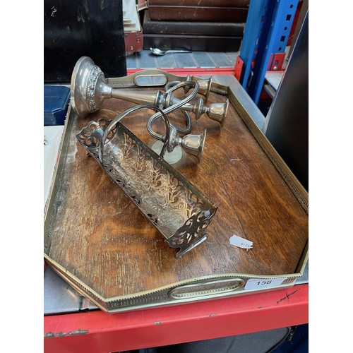 158 - A galleried wood and plated tray, a metal candelabra, etc.