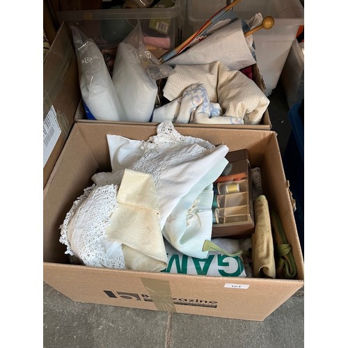 164 - Two boxes of haberdashery, cotton bobbins, linen ware etc