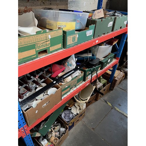 116 - Three shelves (appx 14 boxes) of misc items - household, garage and kitchen, including ceramics, BT ... 