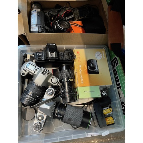 172 - Two boxes of cameras to include Nikon, JVC, Cannon, Pentax, SLR, digital cameras, etc.