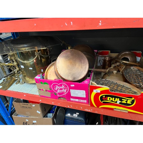 96 - 2 boxes of brass and copper along with brass fireside equipment, coal bucket etc