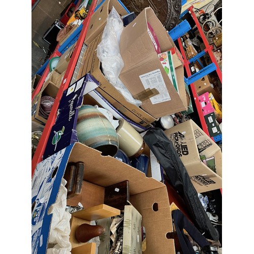 180 - 5 boxes of mixed items including treen, pottery vases, lace / linen, pottery, etc.