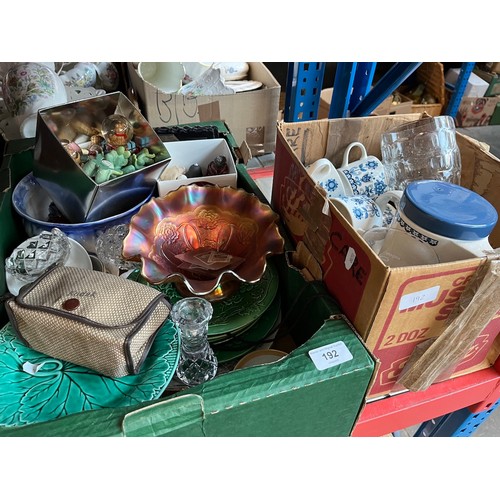 192 - Two boxes of ornaments, pottery, coffee set, glassware, etc.