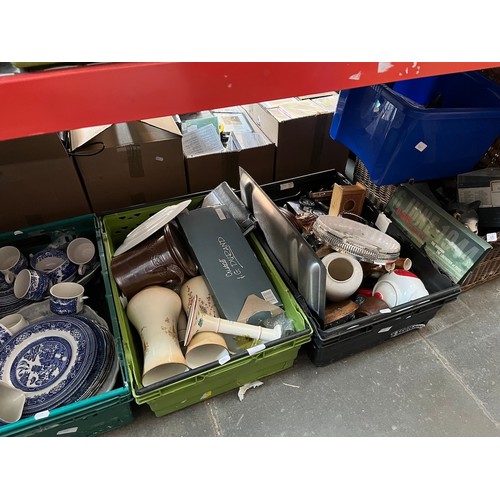 128 - 4 boxes and a hamper of misc pottery including blue and white (Willow pattern), collectors plates et... 