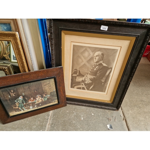 1034 - An oak framed print and a military photo.