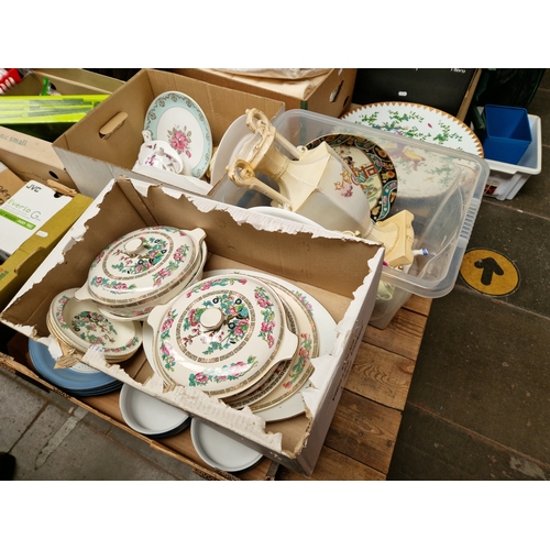 135 - Four boxes of various ceramics to include Indian Tree pattern, vase, etc.