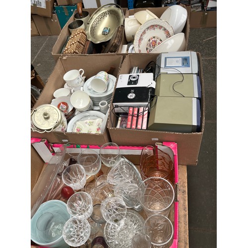 194 - Six boxes of mixed items including ceramics, metal ware, glass, electricals, etc together with some ... 