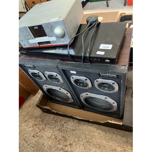 1058 - A pair of Goodmans speakers together with a Samsung DVD player and a JVC DVD player.