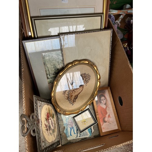 1042 - A box of pictures and prints including original works, framed photo, Christine Silver silhouette, et... 