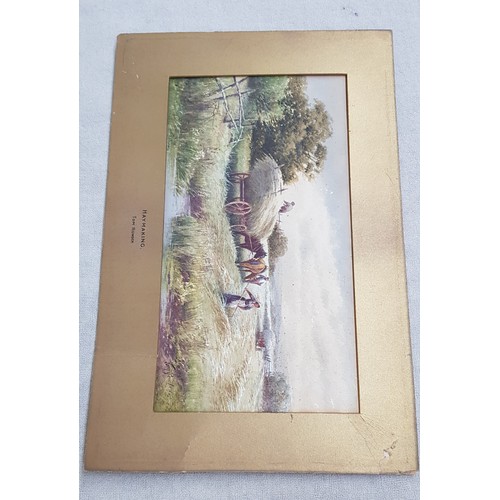 186 - A watercolour hay making scene, by Tom Rowden together with a print of a woman, an antique portrait ... 