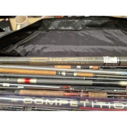 130 - A collection of coarse fishing tackle including carbon pole, carp rods, spinning rod, whips, pole ro... 