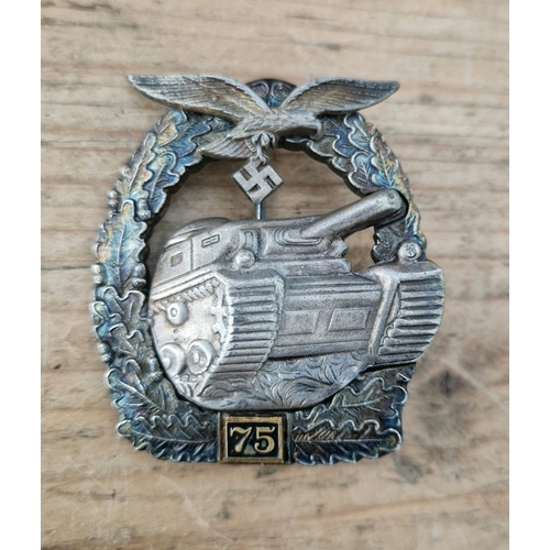 53 - A German WWII Army / Waffen-SS Panzer Assault badge for 75 Engagements.