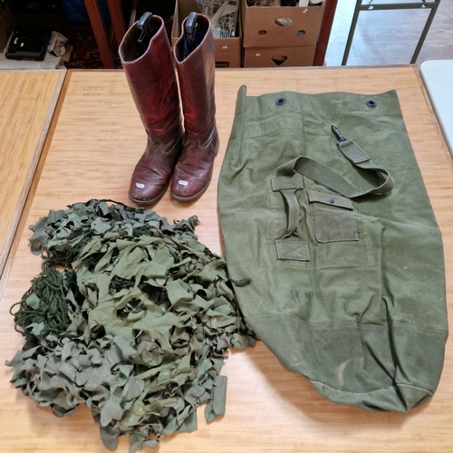 79 - A pair of vintage brown leather boots, possibly military together with an American kit bag and some ... 