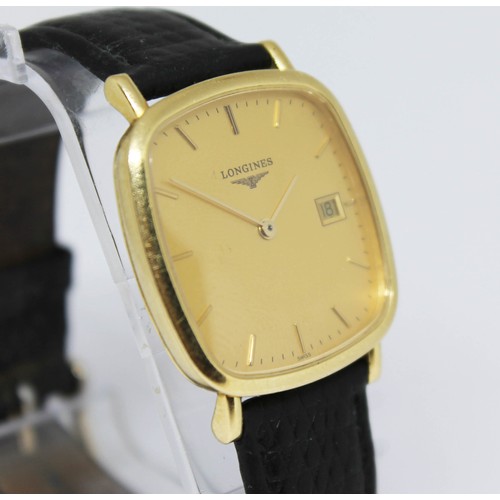 56 - A Longines 18ct gold quartz wristwatch, case width 32mm, later leather strap.